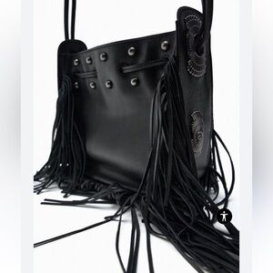 ZARA Fringed Leather Bucket Bag